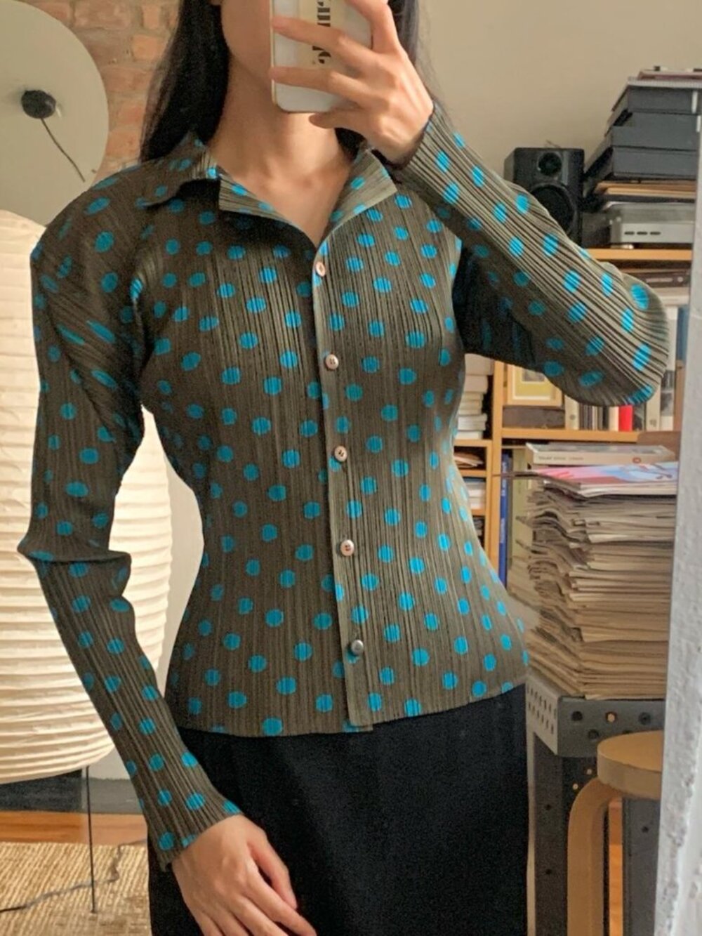 Issey Miyake Pleats Please Polka Dot Button Up Olive Green / Blue JP3